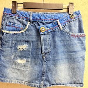 Desigual Sz 34 Denim Mini Unique BOHO Blue Distressed Sequin Detail Bold‎ Skirt